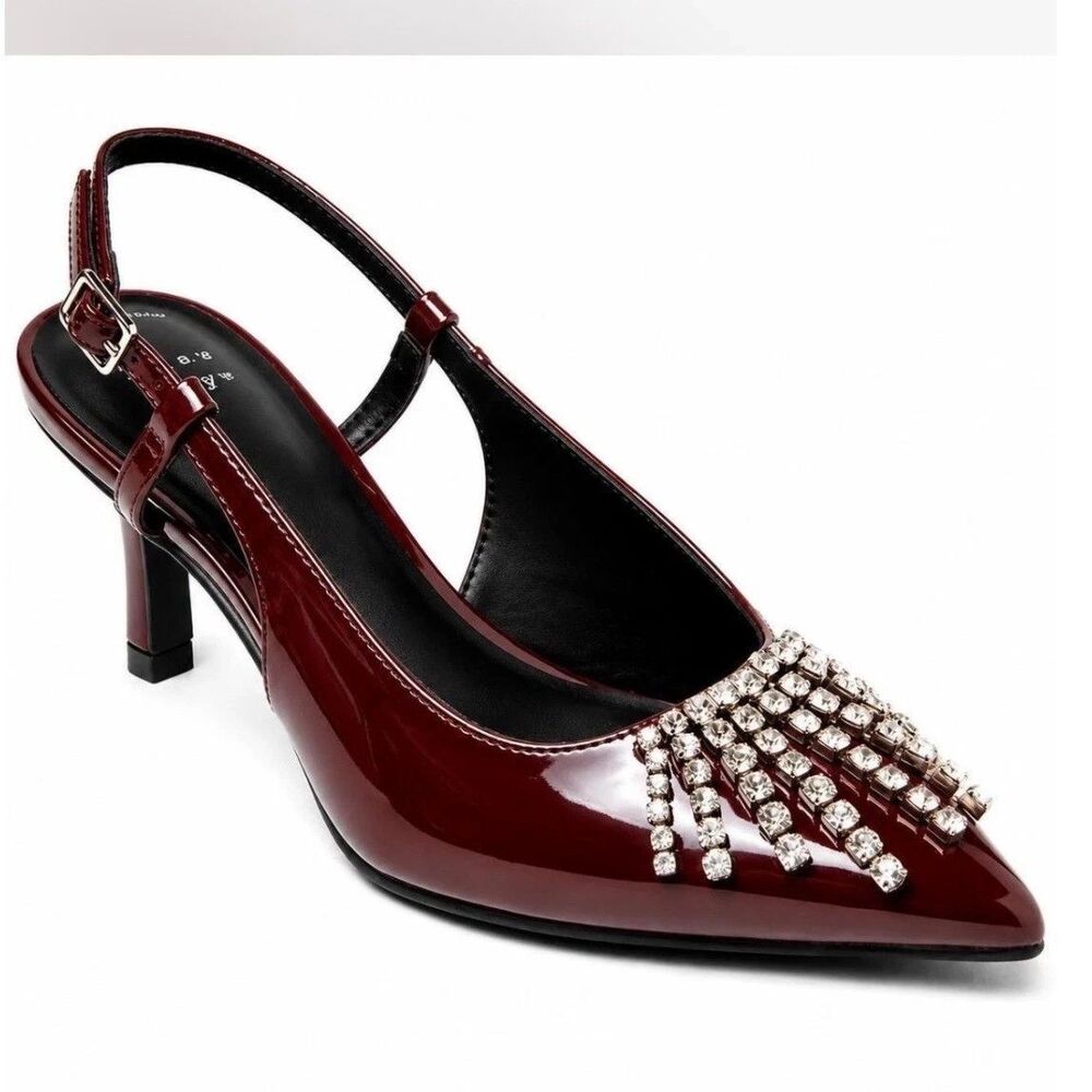 A New Day Burgundy Patent Rhinestone Slingback Pumps Pointed Toe Kitten Heels 7